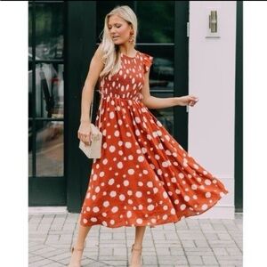 THML Burnt Orange Ruffled Pleated Midi Dress Small w/pockets